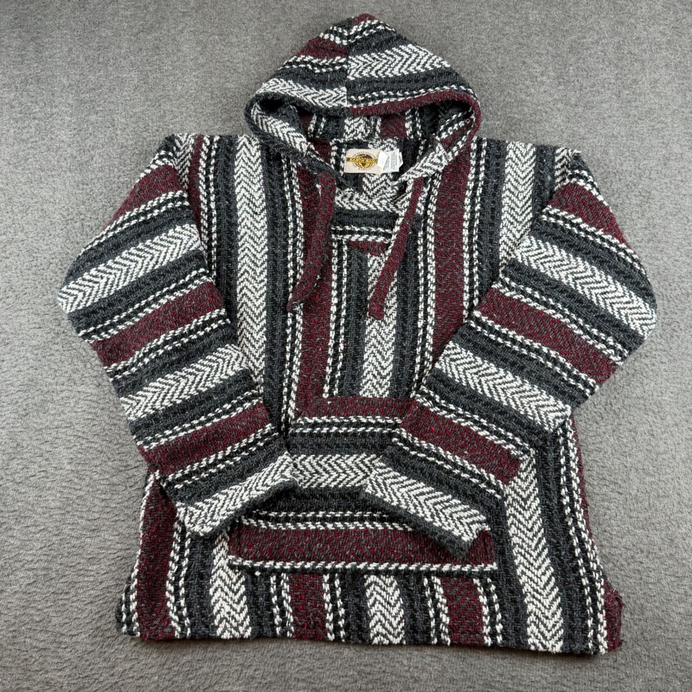 Earth Ragz Baja Hoodie Men's Medium Burgundy Grey Striped Mexican Blanket Rug